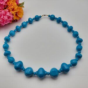 Vintage Chunky Blue Beaded Necklace 24 Inch  Gold Tone Clasp Art Deco Statement